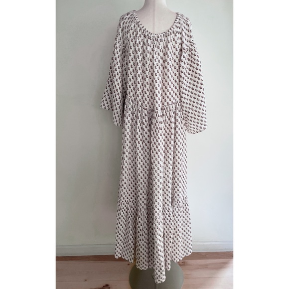 NWT Anaak Block Print Floral Blue and Cream Oversized Smocked Tiered Midi Dress - Picture 7 of 9